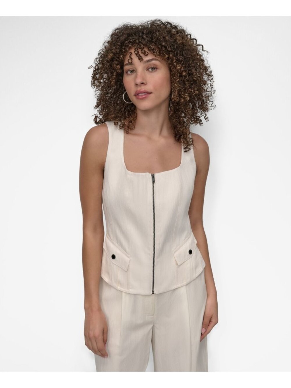 DKNY Women's Weathered Zip-Up Square neck rayon Vest Coconut Cream Size M $99